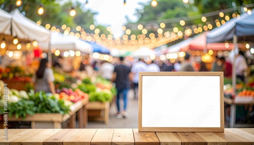 Poster rustic wooden table with blank white sign, ideal background for displaying messages and promotions