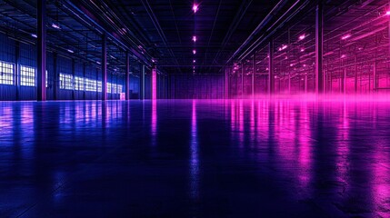 Fototapeta premium Empty warehouse illuminated with blue and pink light