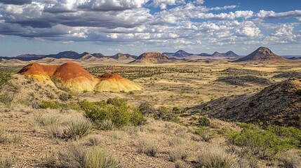 Expansive desert landscape showcasing vibrant, colorful hills under a partly cloudy sky.  Dry shrubs and sparse vegetation dot the foreground
