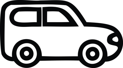 Simple black and white line drawing icon of a modern car viewed from the side with two circular wheels and windows