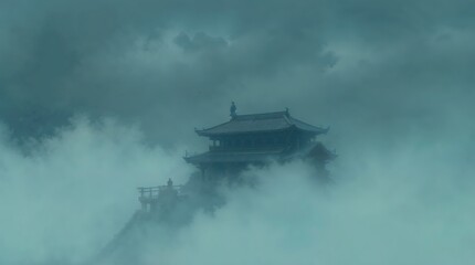A foggy mountain with a large building in the distance