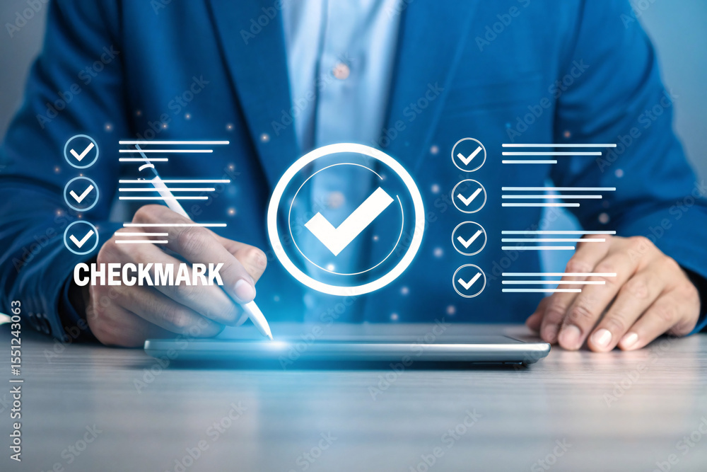 Poster businessman using stylus on tablet to complete a digital checklist with glowing checkmarks isolated 