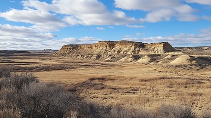 Fototapeta premium Expansive, dry landscape featuring a pale, layered rock formation under a bright blue sky with fluffy clouds. Dry grasses and shrubs fill the foreground