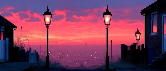 Sunrise over city street lamps