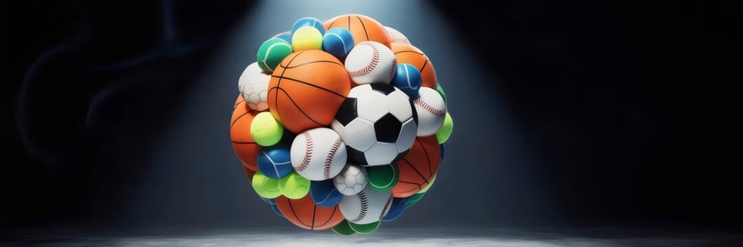 Planet made of various sports balls suspended in dark space