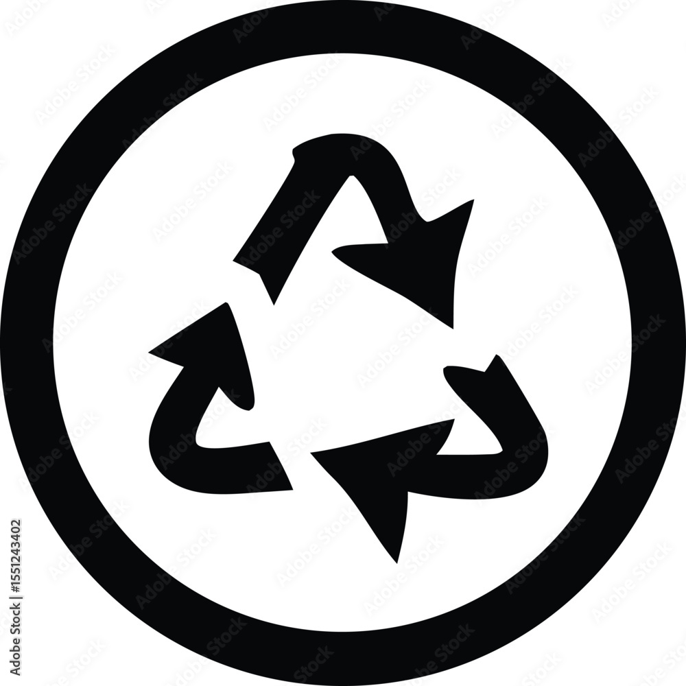 Poster a bold black circular recycling symbol with three chasing arrows indicating continuous reuse and sus