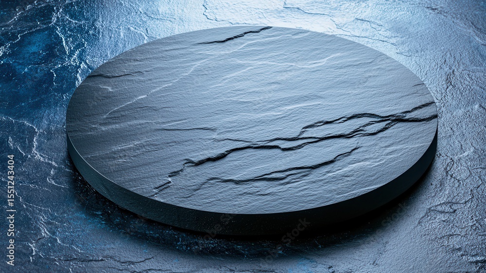 Poster circular slate plate displaying weathered texture, positioned atop slate tile surface, conveying nat