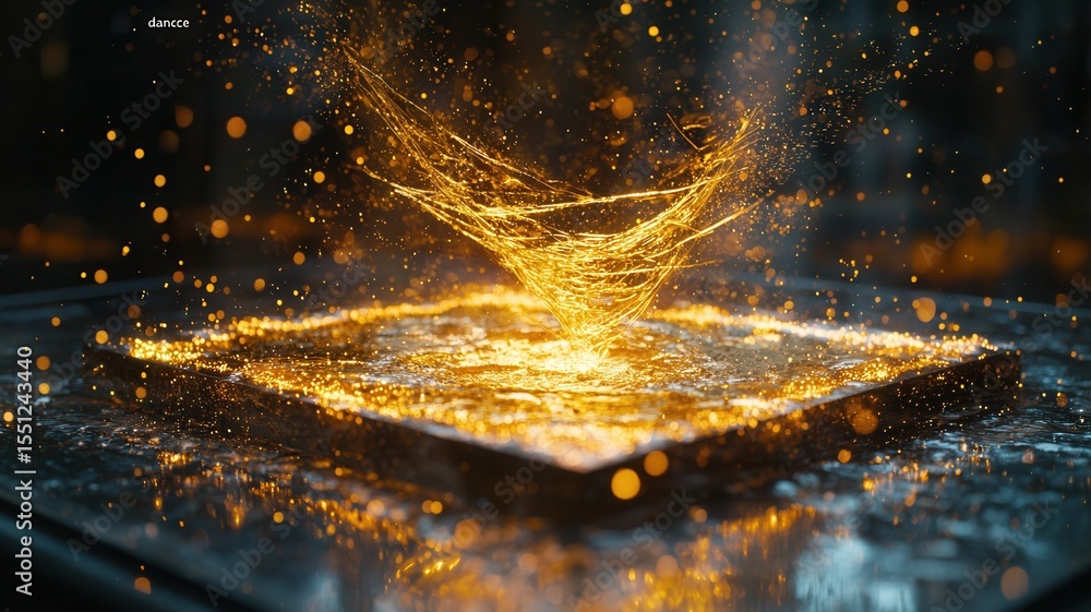 Aufkleber golden energy swirling and exploding over a metallic square surface, creating a mesmerizing visual e