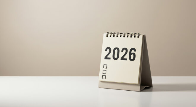 A small calendar displays the year 2026 on a white surface. - Powered by Adobe