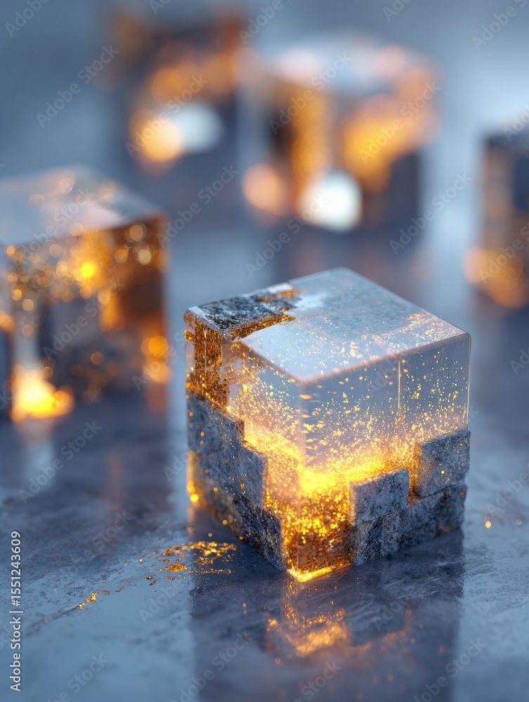 Aufkleber visual representation of blockchain technology featuring luminescent interconnected cubes reflecting