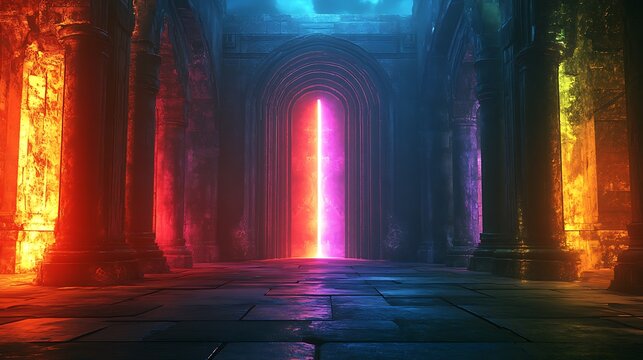 Illuminated portal through stone pillars hallway with glowing mysterious ambience - Powered by Adobe