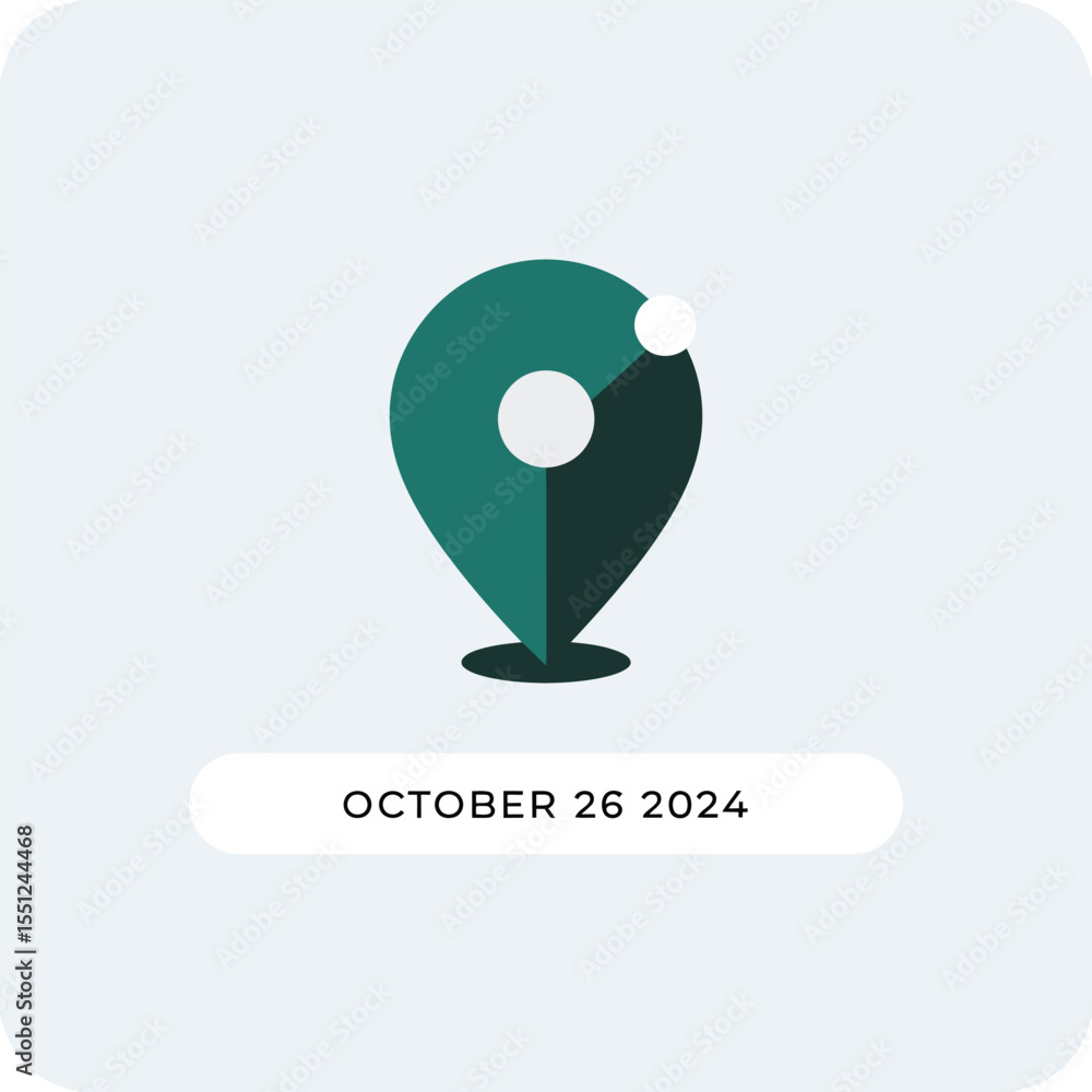 Poster Teal and Dark Green Location Pin Icon with White Circles October 26 2024 Date Minimalist Design Simple Flat Style Graphic Element