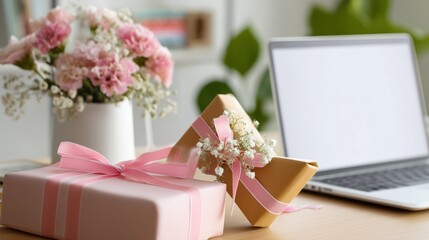 Gifts and flowers on a wooden desk with a laptop, creating a cozy workspace in a bright indoor setting