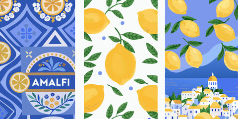 Vibrant Amalfi Coast Inspired Pattern Collection with Lemons Tiles and Coastal Scenery in a Modern Style