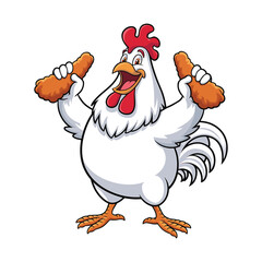 Happy chicken holding fried drumsticks, comical and food-themed cartoon character vector design