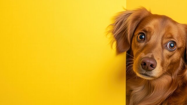 Brown dog looks around a bright yellow corner in a studio shot, creating a vibrant and playful image with copy space