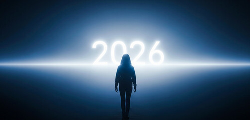 Person walking towards glowing 2026 year in a dark blue futuristic setting.