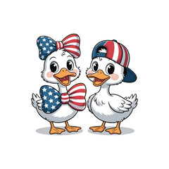 Two ducks wearing American patriotic clothes and hats, a fun and festive holiday illustration.