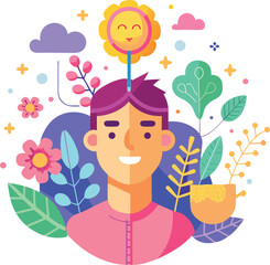 Joyful person surrounded by vibrant nature elements and a smiling sun symbolizing happiness and growth