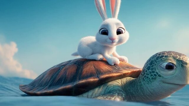 A friendly rabbit riding on a turtle's back in the ocean