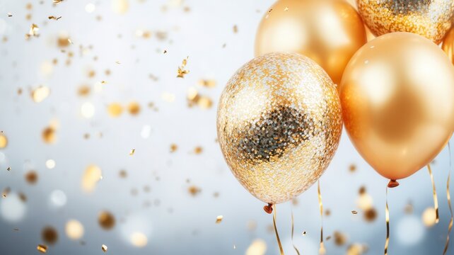 Shiny golden balloons floating with confetti, generating celebratory mood against pristine white backdrop, symbolizing festive jubilation - Powered by Adobe