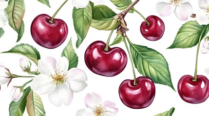 Watercolor illustration depicts cherries and white blossoms on a light background.
