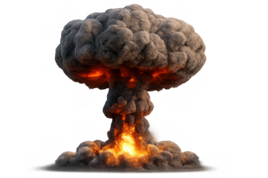 Mushroom cloud rising from a nuclear explosion with fire and smoke, isolated on transparent background