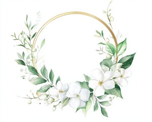 Delicate Watercolor Floral Invitation with White Blooms and Greenery Framed in Golden Circle on White Background