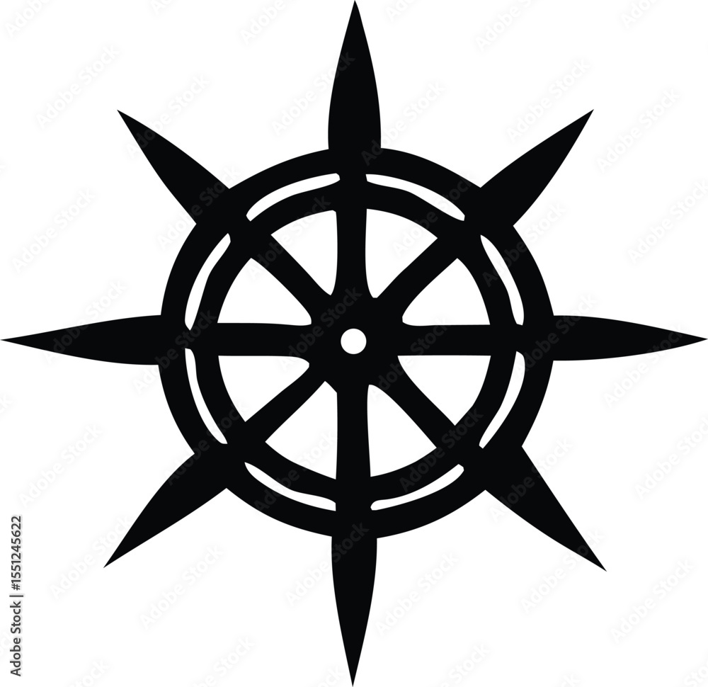 Poster a stark black abstract geometric symbol resembling a stylized compass rose or a sharp starburst with