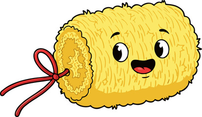 Cheerful Cartoon Hay Bale with Red Ribbon and Smiling Face.