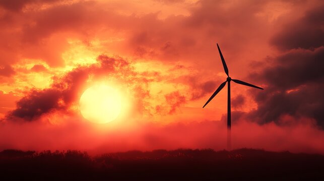 Fiery sunset silhouettes a wind turbine amidst a misty landscape, showcasing renewable energy against a dramatic sky - Powered by Adobe