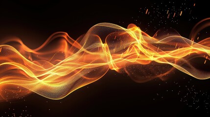 Fototapeta premium Abstract golden wavy lines flowing against a dark background with floating particles effect