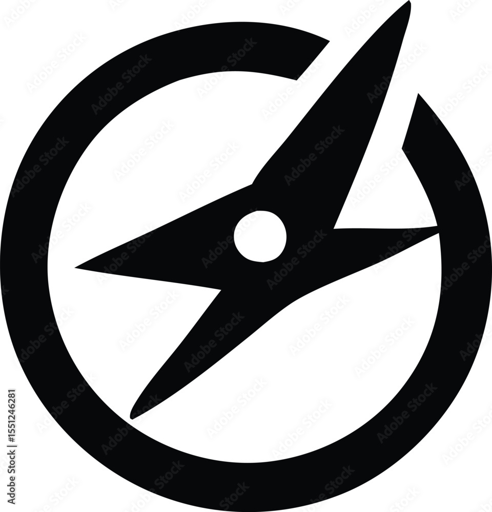 Poster abstract black and white circular logo featuring a sharp pointed star like shape with a central whit
