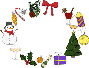 Christmas new year holiday objects, symbols and items. Frame oval  template. Vector graphic line ink illustration. Perfect for cards, decorations, stickers, logo, menu, various designs.