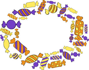 Candy sweets oval Frame template. Vector graphic line ink illustration for the text. card for the happy sweetest day and Halloween. For logo, web, package, sticker.