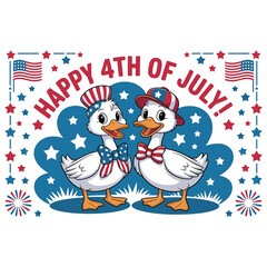 Excited ducks celebrating July 4th, surrounded by fireworks and stars, perfect festive design vector illustration 
