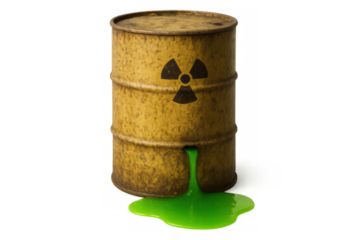 Radioactive green liquid seeping from corroded yellow container, displaying radiation warning sign against transparent backdrop