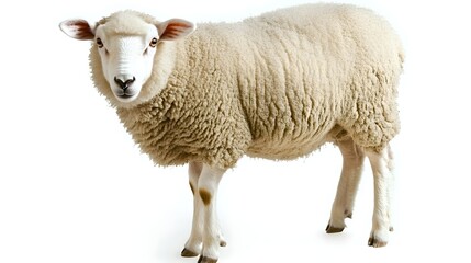 Fototapeta premium Photograph of a white sheep standing against a white background.