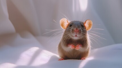 Photograph of a small, brown rat with pink ears, posed on a textured grey background.