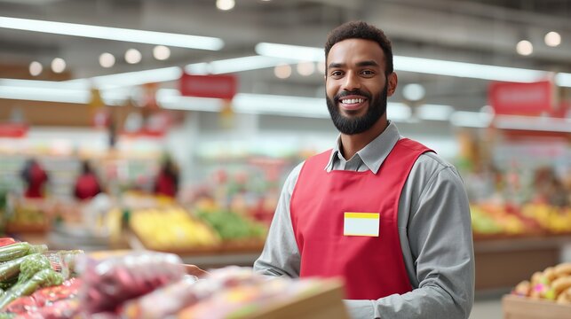 Friendly store employee with red apron stands in produce section, surrounded by fresh fruits and vegetables, offering great service. - Powered by Adobe