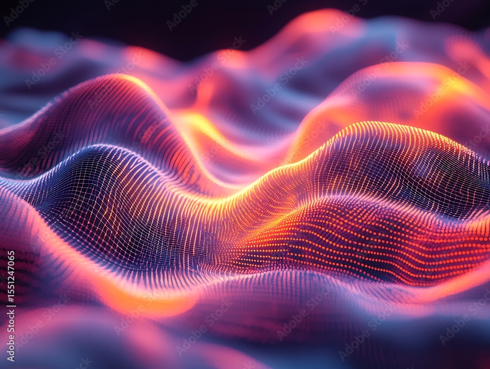 Poster abstract undulating surface with glowing dotted lines, illuminated gradients