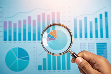 Hand holding magnifying glass over pie chart and bar graph for data analysis isolated on white background