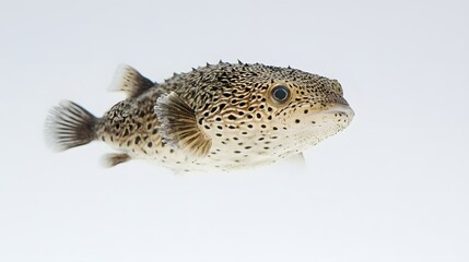 Obraz premium Photograph of a spotted pufferfish floating against a white background.