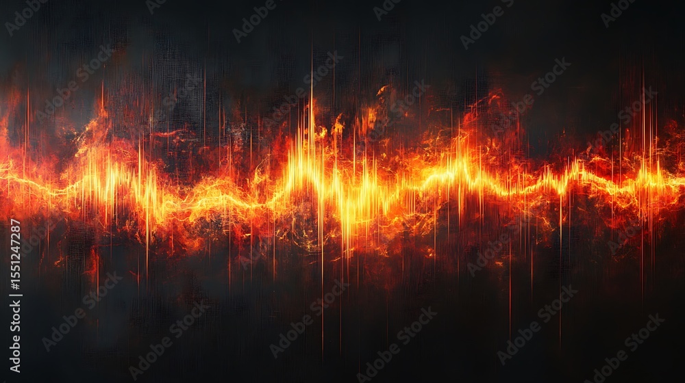 Poster fiery audio visualization: dynamic waveform in flames against dark backdrop