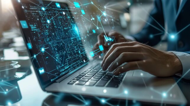 Cyber security network. Data protection concept. Businessman using laptop computer with biometric identification on internet technology network