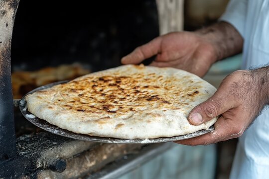 Freshly Baked Taboon Bread Held by Baker, Celebrating Middle Eastern Culinary Tradition