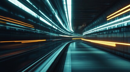 Futuristic tunnel with vibrant, dynamic lighting; sleek, curved design; sense of speed and movement
