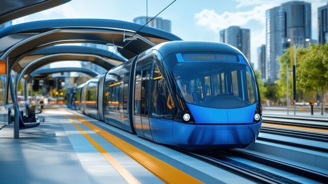Futuristic Transport Hub: Blue Electric Bus at Charging Station with Modern Monorail Trains Above in a Vibrant Cityscape
