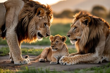 African Lion Pride: Majestic Male Lions with Cub in Golden Hour Savanna Landscape