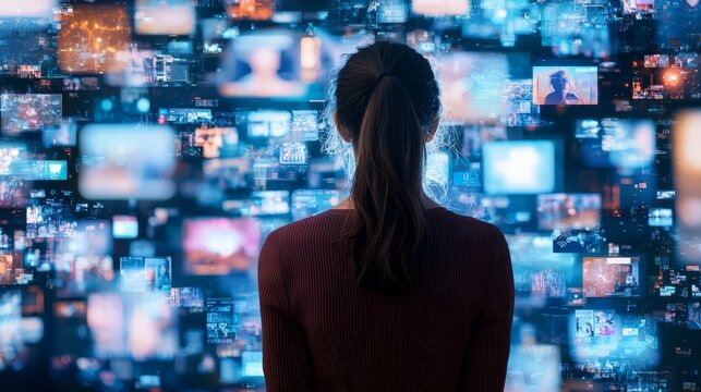 Backview Of Caucasian Woman Connecting to Animated Stream Of Content. Visualization Of Browsing Metaverse Big Data with Viral Videos,